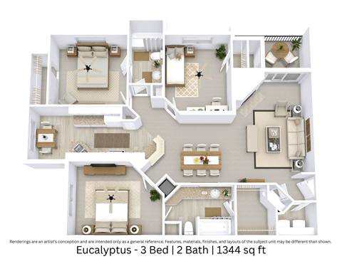 Floor plan for 3 beds, 2 baths, 1344 sqft